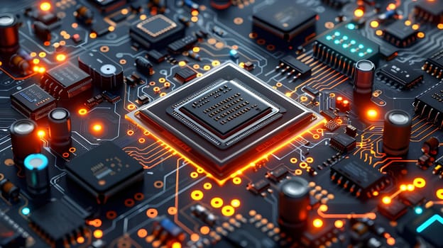 Exploring the Intricate Circuits: A Close-Up View of a Computer Motherboard's Central Processing Unit and its Components, Illuminating the Complexity of Modern Technology with Glowing Traces.