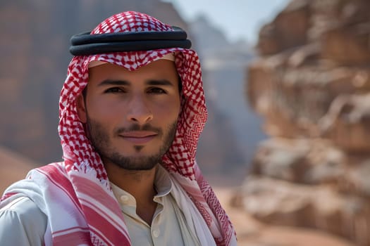 Desert Dweller: A Portrait of a Man in Traditional Middle Eastern Clothing, Calmly Gazing into the Distance Amidst Rocky Landscapes,  Showcasing Cultural Heritage and Apparel.