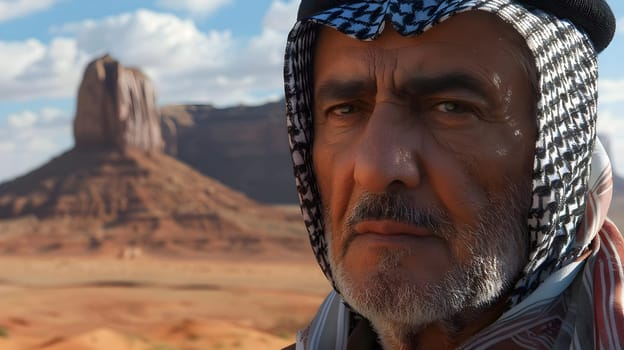 Desert Dweller: An Elderly Man's Portrait Against a Majestic Sandstone Landscape, Under a Bright Sunny Sky, Showing Strength and Resilience, Evoking Themes of Age and the Beauty of Nature's Majesty.
