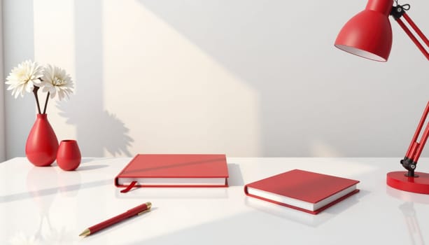 A red book sits on a table next to a vase with a white flower. The book and vase are the only objects in the image