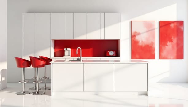 A kitchen with a white counter and red backsplash. There are two chairs in the kitchen