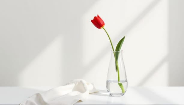 Two red tulips in a clear vase on a white table. The vase is placed on a white cloth