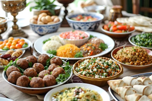 A Delicious Spread of Middle Eastern Cuisine: Savory Meatballs, Aromatic Rice Dishes, and Vibrant Salads Grace a Festive Table, Showcasing a Culinary Tradition Rich in Flavor and Culture.
