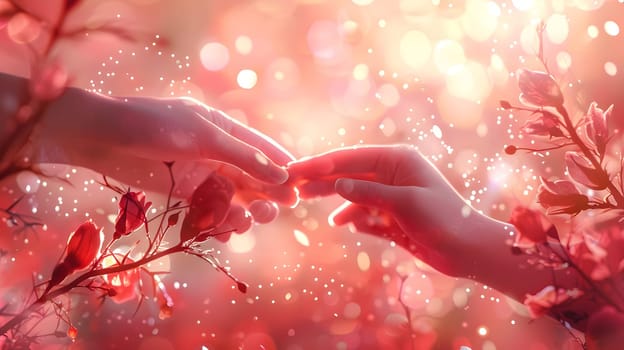Gentle Hands Reach, Connecting in a Dreamlike, Red-Flowered Garden, with Magic and Wonder, Symbolising Love and Harmony. Embrace the Beauty of Nature's Serene Embrace.