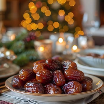 Sweet Dates: A Festive Treat on a Table Setting, Decorated with Warm Lights and Christmas Tree in the Background.