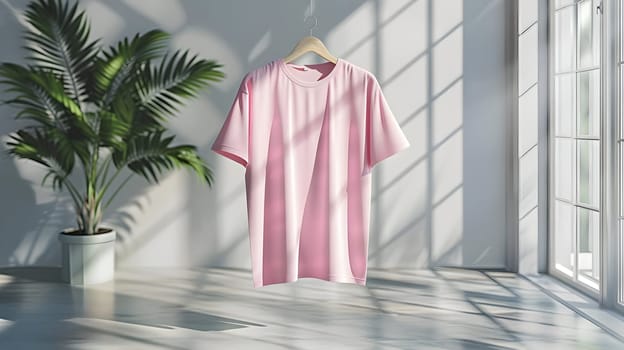 Discover the Elegance of a Simple Pink T-Shirt Hanging in a Sunlit Room, Featuring Minimalist Interior Design with a Tropical Plant. This Scene Showcases the Perfect Aesthetic for Fashion Photography and Design Inspiration, Perfect for Blogs and Social Media.