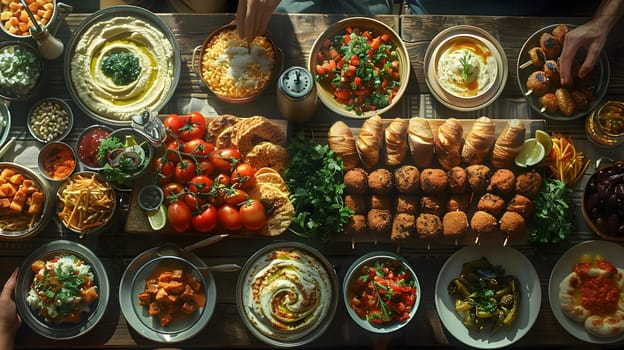A Delicious Mediterranean Feast: Hummus, Falafel, and Fresh Vegetables Abundantly Served on a Rustic Wooden Table, Creating a Vibrant Culinary Experience, Showcasing the Beauty of Shared Meals and Diverse Cuisines.