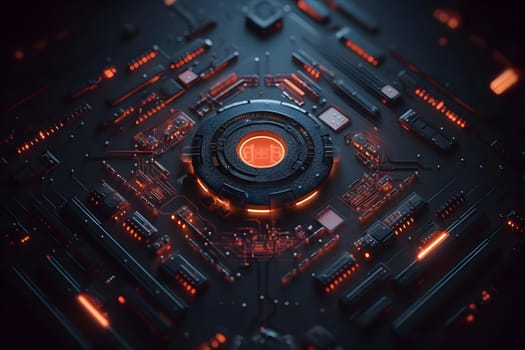 Exploring Futuristic Circuits:  A Glowing, Intricate Motherboard Design with Central Processing Unit, Illuminating Technological Advancements, and a Cyberpunk Aesthetic.