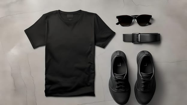 Black T-Shirt, Shoes, Sunglasses, and Belt: A Minimalist Style Guide for Modern Men.  Discover effortless cool with this monochrome fashion statement. Elevate your everyday look with sleek accessories.