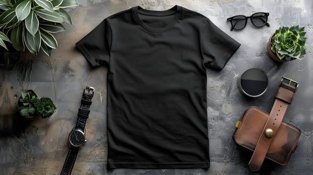 Discover the Stylish Allure of a Black T-Shirt:  A Guide to Fashionable Accessories and Effortless Style with Plants, Watches, and Leather Goods for a Modern Aesthetic.
