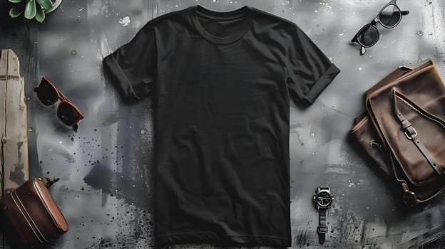 Discover the Style: Black T-Shirt Mockup with Accessories, Featuring a Stylish Watch and Sunglasses on a Textured Background, Showcasing Versatile Fashion Options and Design Concepts for Apparel Marketing.
