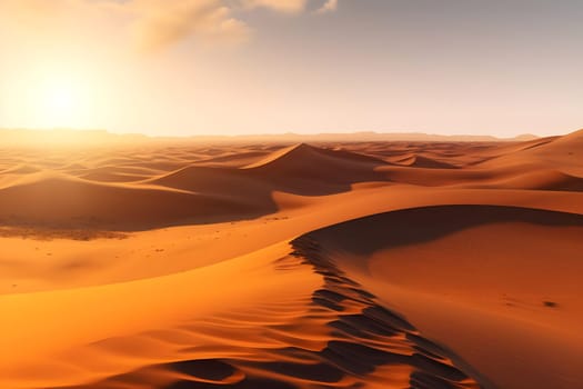 Desert Landscape: Golden Sands at Sunset, Undulating Dunes and Majestic Horizons,  A Breathtaking View of Nature's Serenity, Capturing the Dramatic Beauty of the Sahara.