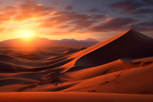 Sun Sets on Majestic Desert Dunes:  A Breathtaking Panorama of Rolling Sands and Silhouetted Mountains at Golden Hour, with Dramatic Sky Colors. Witness the Tranquility of Nature's Masterpiece.