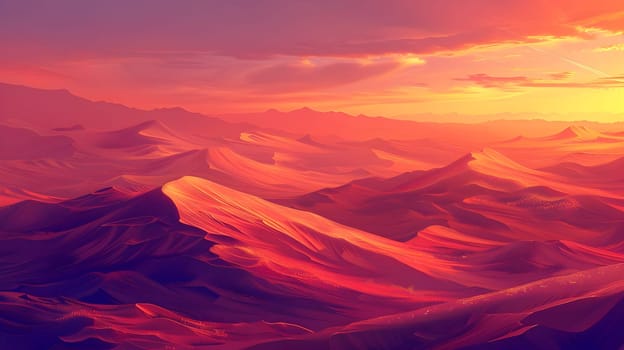 Vibrant Sunset Hues Paint Rolling Desert Dunes: A Captivating Landscape of Fiery Colors at Golden Hour, showcasing Breathtaking Desert Scenery with Dramatic Light and Shadow.