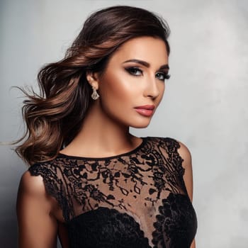 pretty young woman in black lace dress, AI generated image
