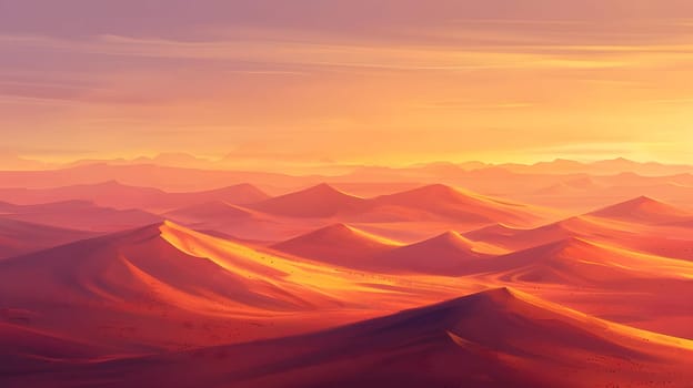Golden Sandscapes: A Breathtaking Sunset over Rolling Desert Dunes, Painted in Warm Hues, Evoking Serenity and Wonder.  Vast Expanse of Desert Landscape at Dusk.