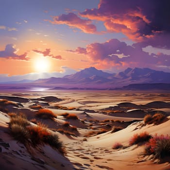 Desert Sunset: Golden Hour Paints Vibrant Hues Across Sand Dunes and Distant Mountains, Creating a Serene and Breathtaking Landscape. Tranquil Nature, Majestic Scenery.