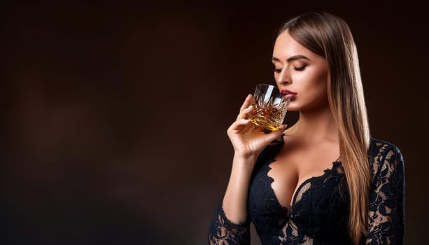 pretty young woman drinking whiskey, AI generated image