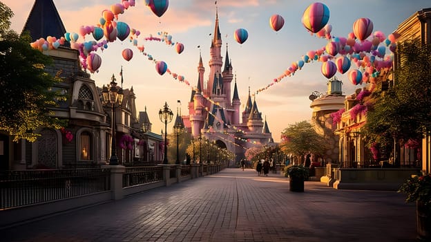 Enchanted Castle Pathway: Hot Air Balloons Soar Above Fairytale Architecture at Sunrise, Magical Festive Atmosphere with Colorful Decorations.