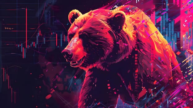 Vibrant Bear Market Abstract Art: A Fiery Digital Painting of a Bear Against a Stock Market Chart Background, Symbolizing Investment and Economic Trends, with Neon Colors and Bold Strokes.