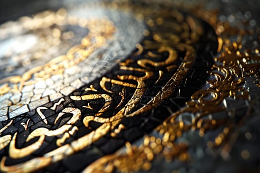 Golden Mosaic Art: Intricate Design in Black and White Tiles with Gilded Accents, Showcasing Exquisite Craftsmanship and Cultural Heritage. A Close-Up View of a Detailed Mosaic Reveals the Artist's Skill and the Beauty of Ancient Techniques.