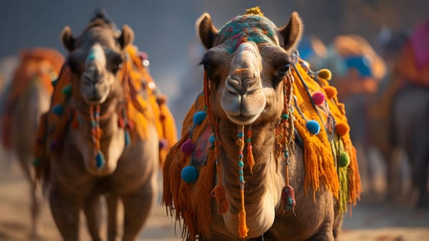 Adorably Decorated Camels Stroll Gracefully, Showing Vibrant Colors and Festive Ornaments in Desert Landscape. Majestic Desert Animals Exhibiting Cultural Significance.