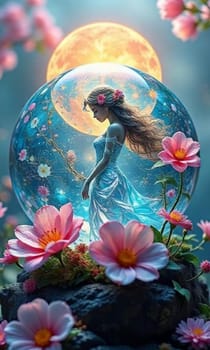 beautiful flowers postcard nature spring art illustration cartoon girl moon plants flora tenderness women's day. High quality 3d illustration alt fantasy