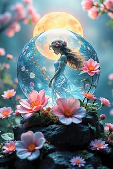 beautiful flowers postcard nature spring art illustration cartoon girl moon plants flora tenderness women's day. High quality 3d illustration alt fantasy