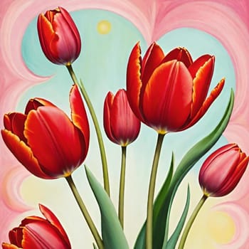 tulips beautiful red flowers green leaves blue background nature plants variety flora botanical garden. High quality photo illustration