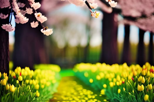 spring nature yellow flowers pink tree forest park generated alt. High quality illustration landscape background summer