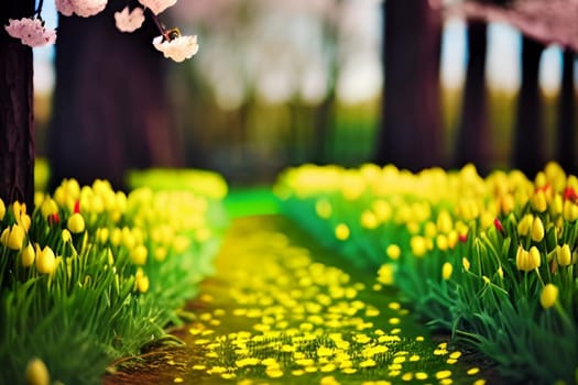 spring nature yellow flowers pink tree forest park generated alt. High quality illustration landscape background summer