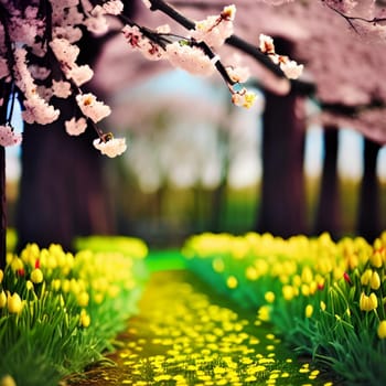 spring nature yellow flowers pink tree forest park generated alt. High quality illustration landscape background summer