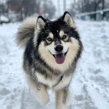 A fluffy Alaskan Malamute dog happily runs through fresh snow, its fur dusted with snowflakes.