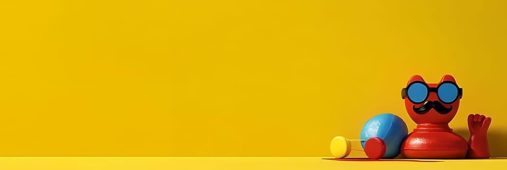 A fun, stylized character with sunglasses and a mustache poses with colorful balls and headphones against a bright yellow background.