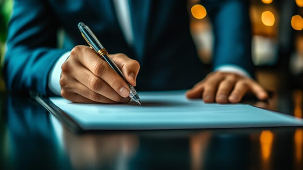 Businessman signing a contract or important document in office