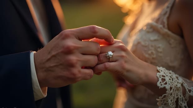 A close-up of a hand gently slipping a ring onto a finger, set against a warm and romantic background. High quality photo