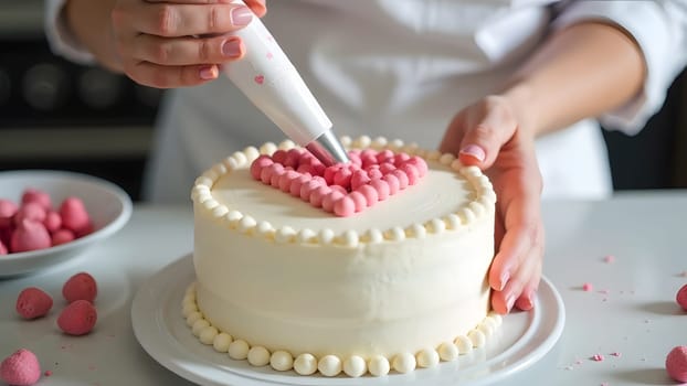 A close-up of hands decorating a cake with heart-shaped details using a piping bag, set in a bright white kitchen. High quality photo