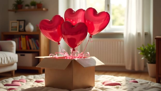 A surprise box bursts open, releasing heart-shaped balloons into a cozy, colorful childrens room. High quality photo