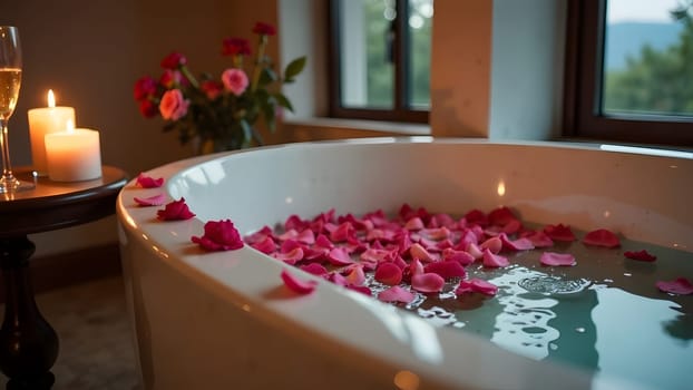 Intimate and serene, a close-up of rose petals in a warm bath, surrounded by candlelight and champagne glasses. High quality photo