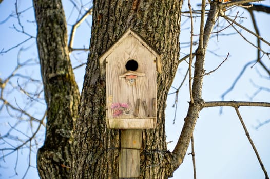 Wooden birdhouse with flowers. It hanging on the tree on sky background. Front view