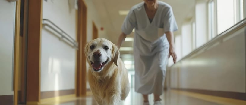 A woman is walking a dog in a hospital hallway. The dog is wearing a collar and he is happy. The woman is wearing a white uniform and she is a nurse. The hallway is clean and well-lit