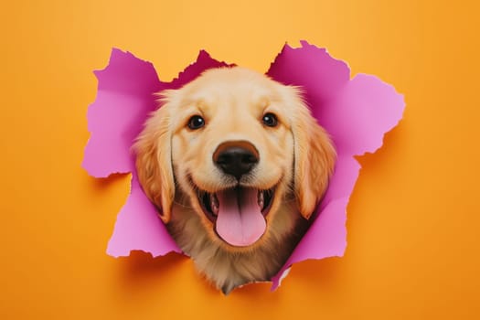 A dog is smiling and looking out of a hole in a wall. The dog is happy and he is enjoying the moment