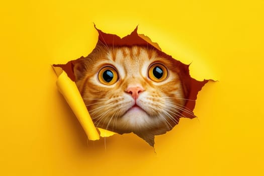 A cat with its eyes wide open is peeking out from a yellow paper. The cat's expression is curious and playful, and the yellow background adds a sense of warmth and brightness to the scene