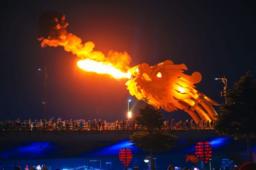 Fire show on the Dragon Bridge in Da Nang in Vietnam in Asia at night