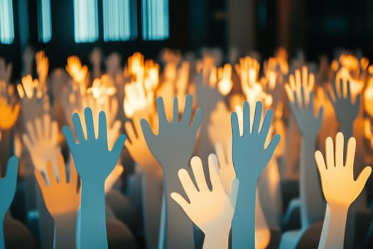 A sophisticated corporate setting with a standing ovation concept using clapping hands cutouts and success.