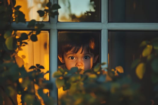 A young child is peeking out of a window, looking out at the world. The scene is set in the evening, with the sun setting in the background. The child's gaze is focused on something outside