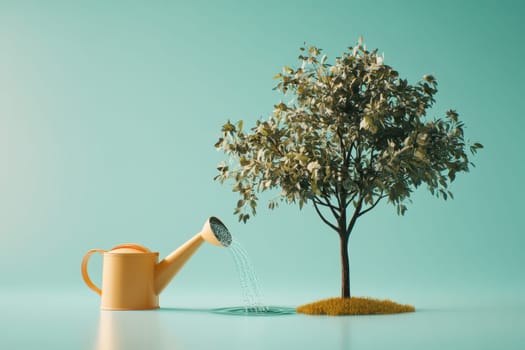 A tree is being watered by a watering can. The tree is surrounded by a blue background