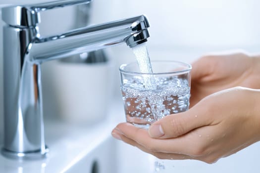 A person is holding a glass of water and the water is flowing out of a faucet. The person is likely filling up the glass with water to drink