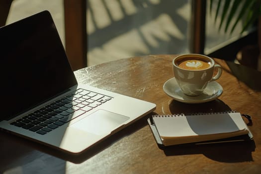 A laptop and a cup of coffee sit on a wooden table. The laptop is open and the coffee cup is filled with a white foam. The scene suggests a relaxed and comfortable atmosphere