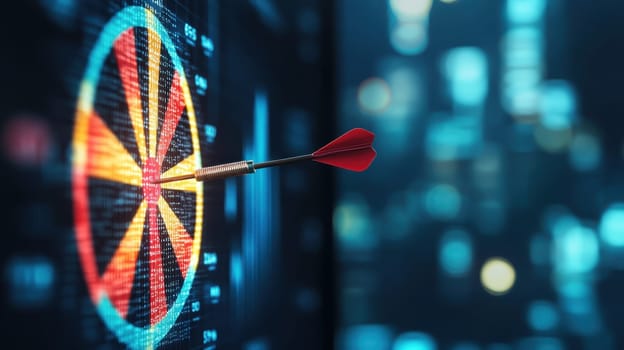 A red arrow is shot through a bullseye on a screen. Concept of focus and determination, as the arrow is the only thing that is moving and making its way towards the target
